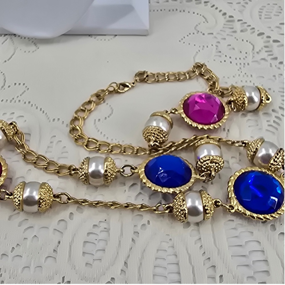 Vintage Style Gold Tone Station Necklace Blue Pink Crystals Faux Pearls 36 Inch